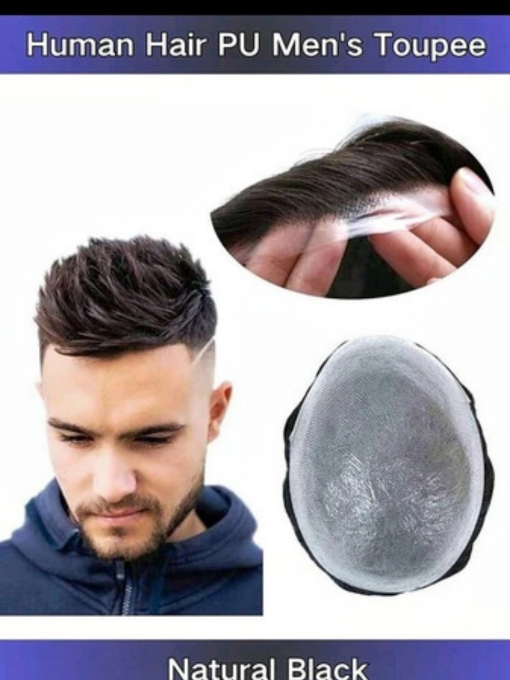 Human Hair PU Men's Toupee Natural Black 6-Inch Hair